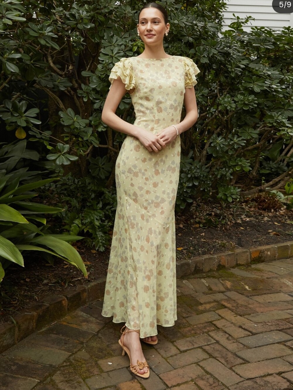 O.P.T Elegant Lemon Floral Ruffle-Sleeve Maxi Dress SZ 4 New With Tags